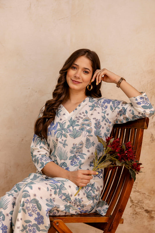 White And Blue Floral Print Cotton Co-ord set.