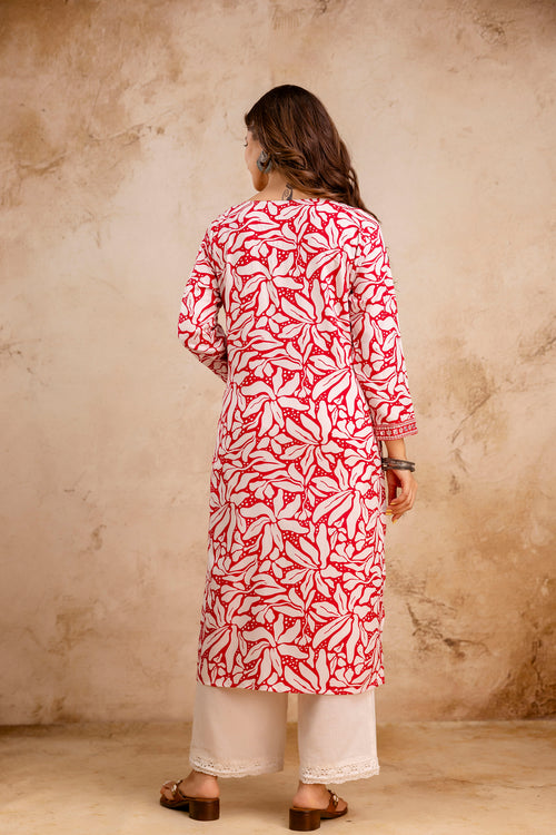 Red Printed Embroidered Pure Cotton Straight Kurta.