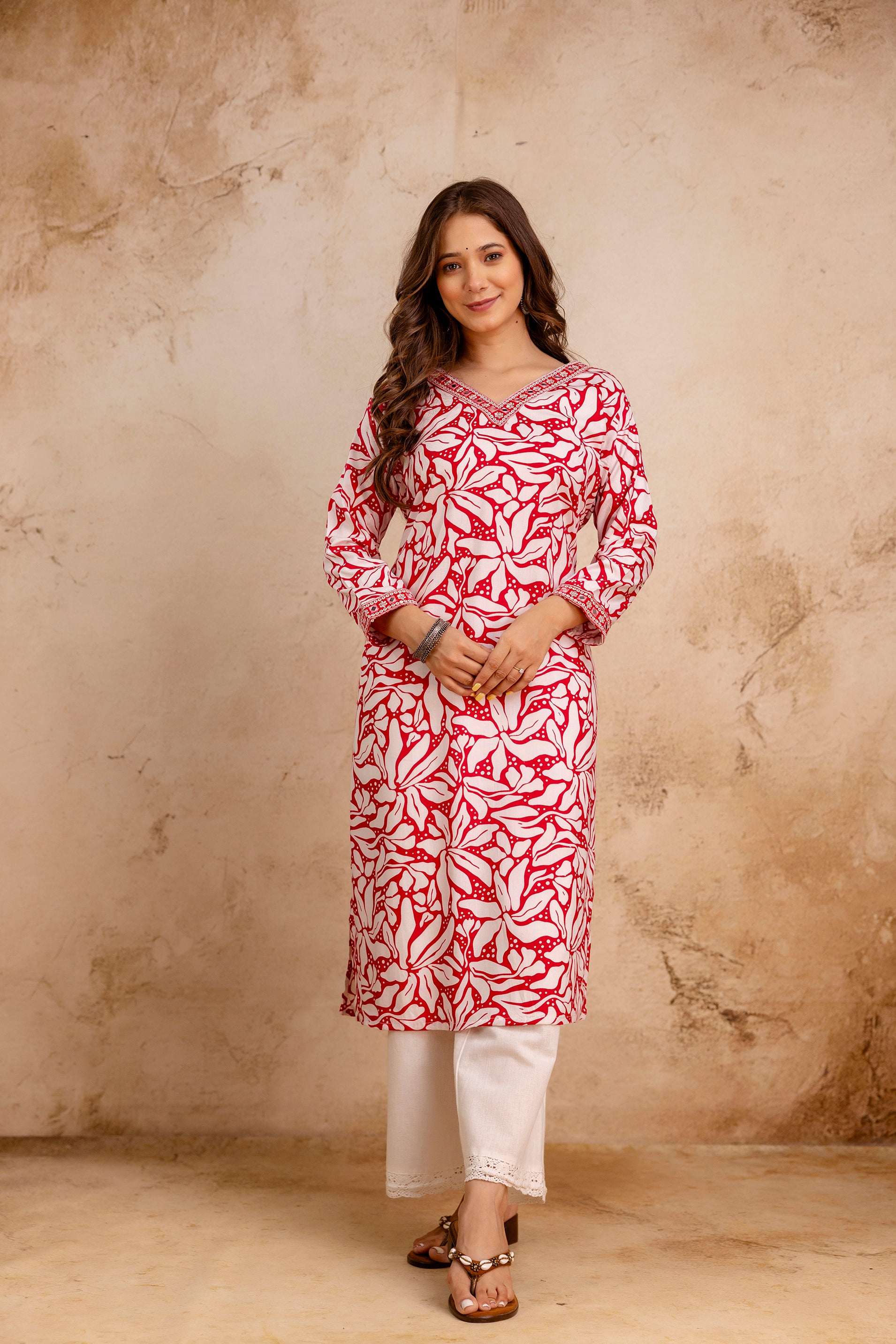 Red Printed Embroidered Pure Cotton Straight Kurta.