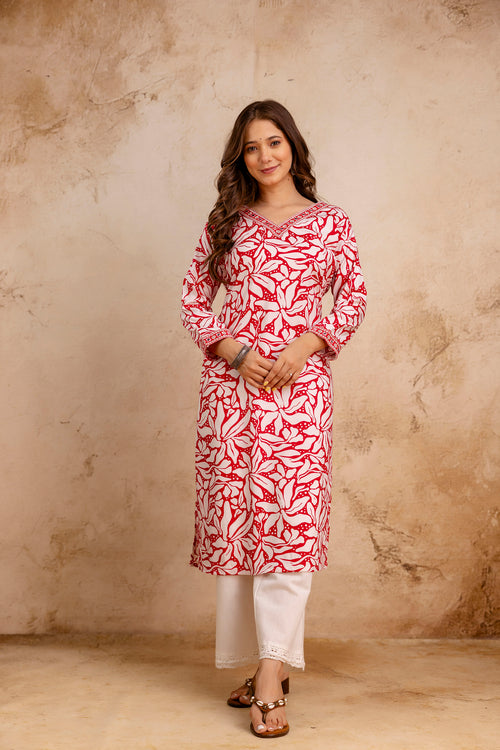 Red Printed Embroidered Pure Cotton Straight Kurta.