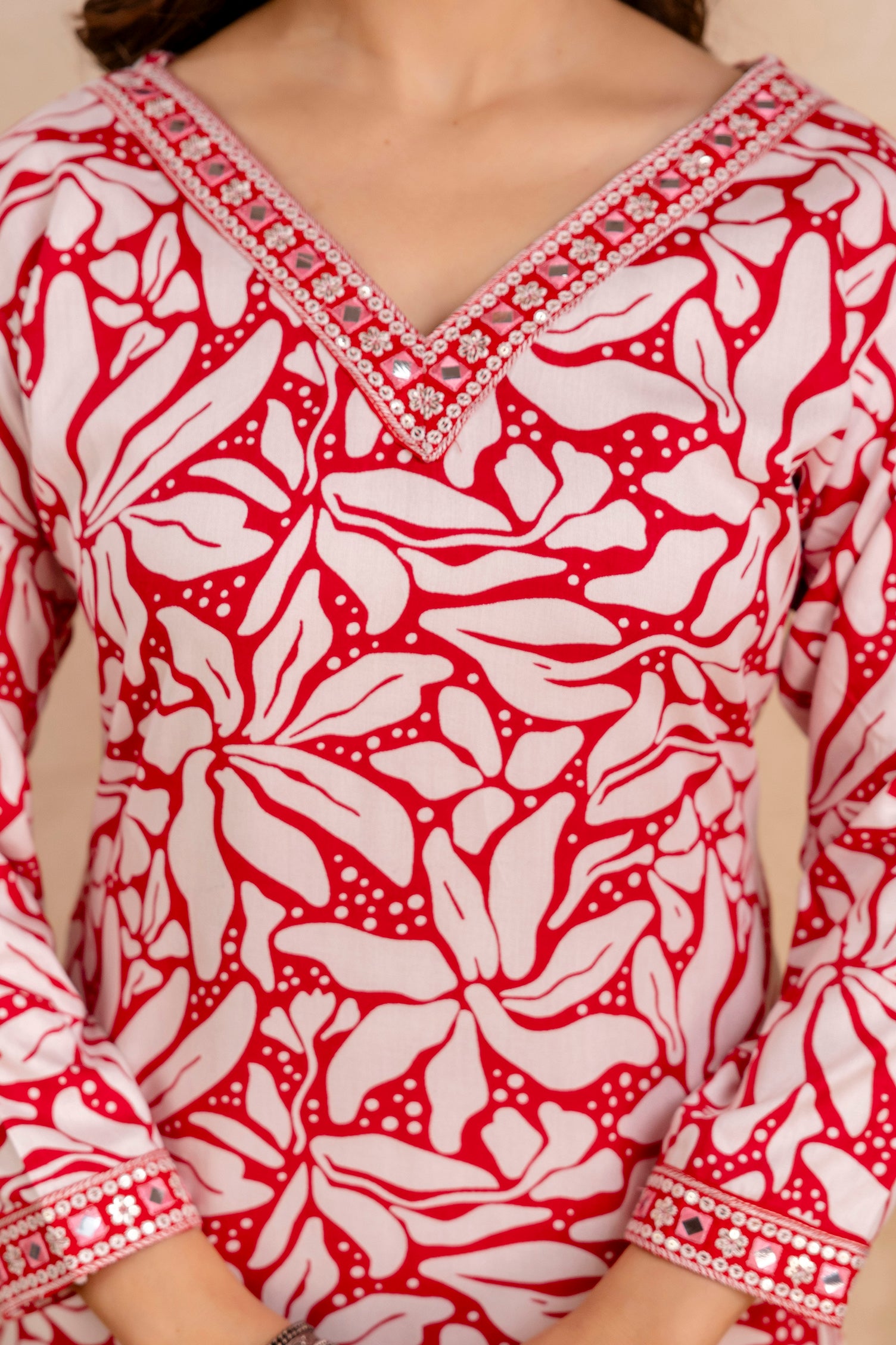 Red Printed Embroidered Pure Cotton Straight Kurta.
