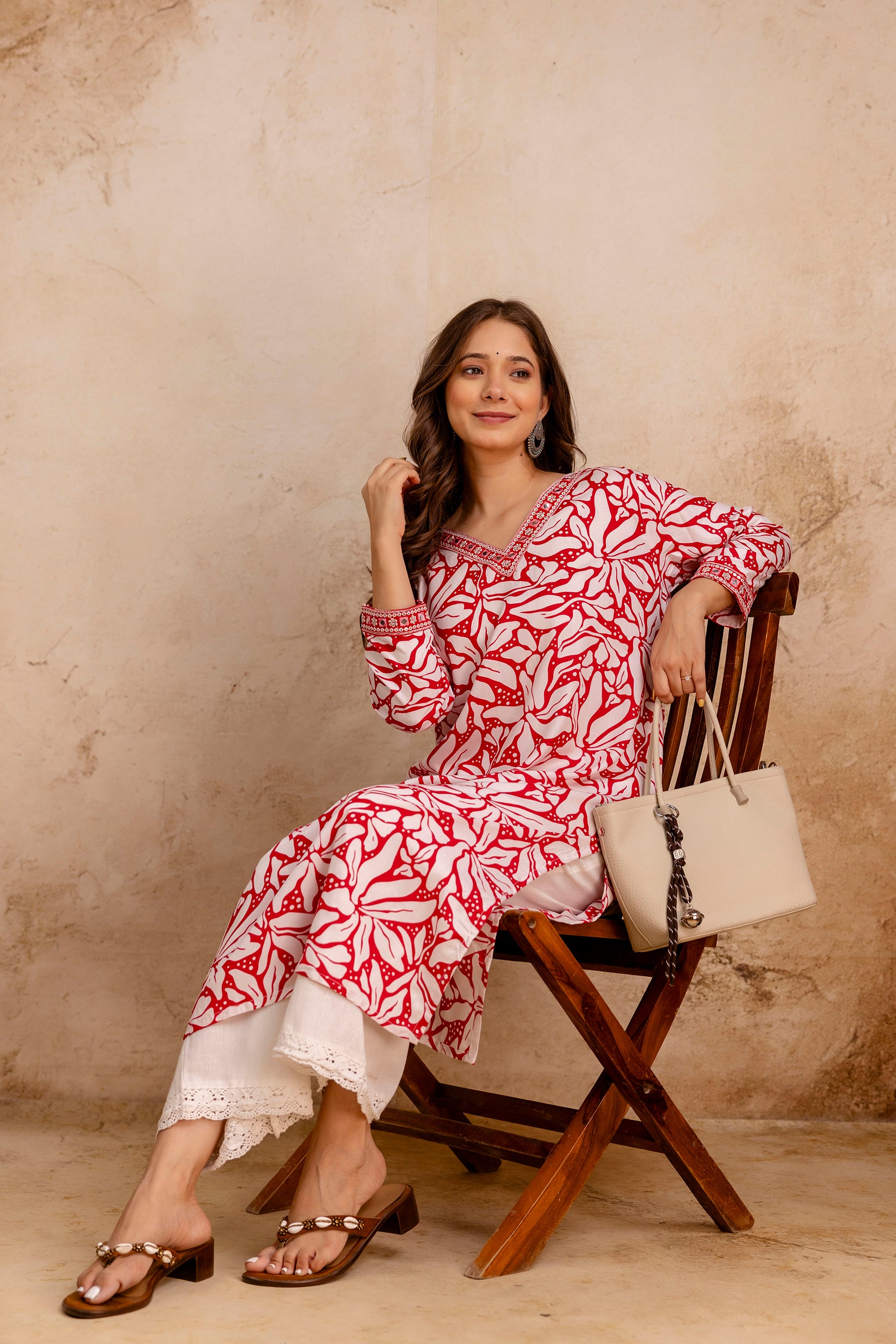 Red Printed Embroidered Pure Cotton Straight Kurta.