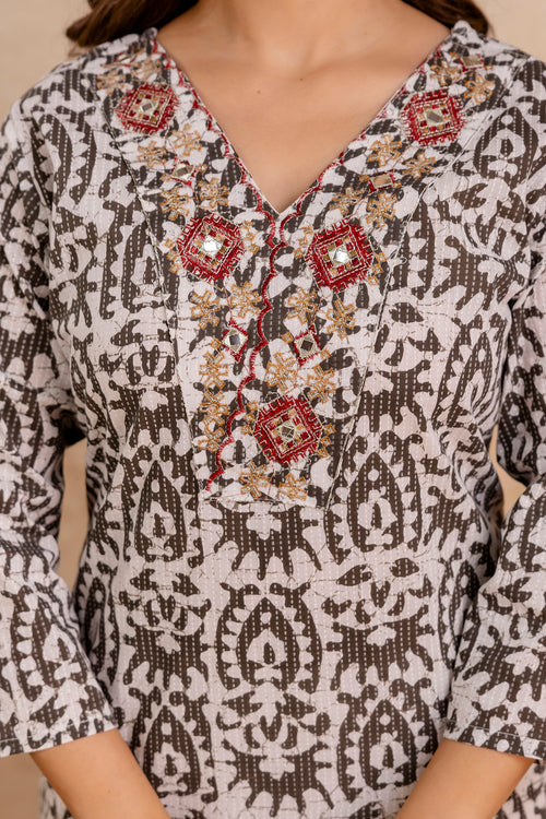 Coffee Printed Embroidered Cotton Straight Kurta.