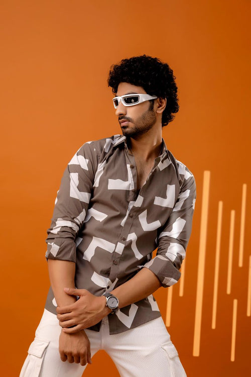 Abstract Full Sleeves Brown Shirt