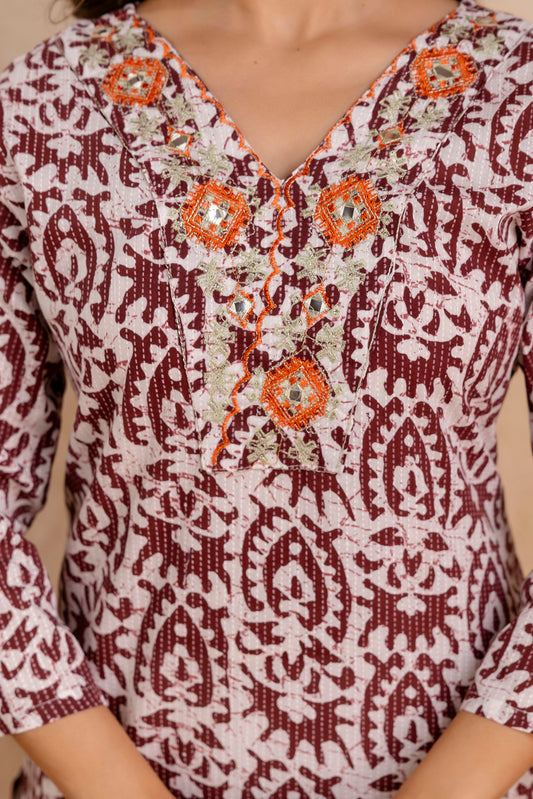Pink Printed Embroidered Cotton Straight Kurta.