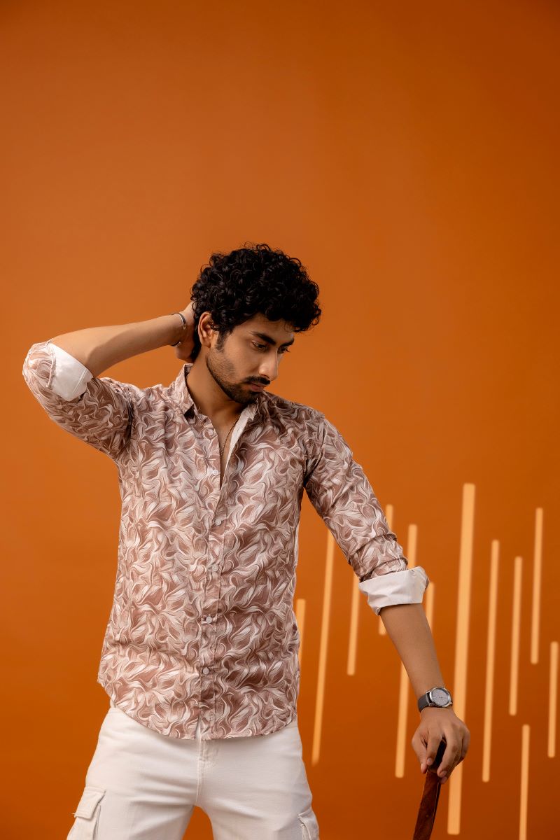 Graphic Printed Beige Full Sleeves Shirt For Men