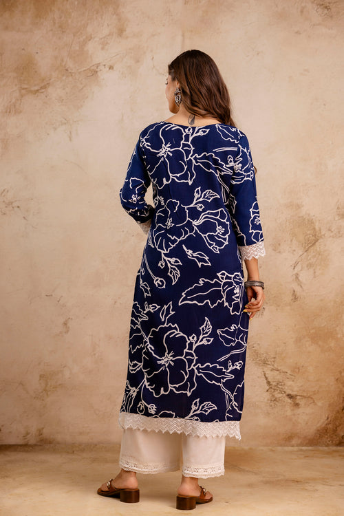 Navy Blue Printed Embroidered Pure Cotton Straight Kurta.