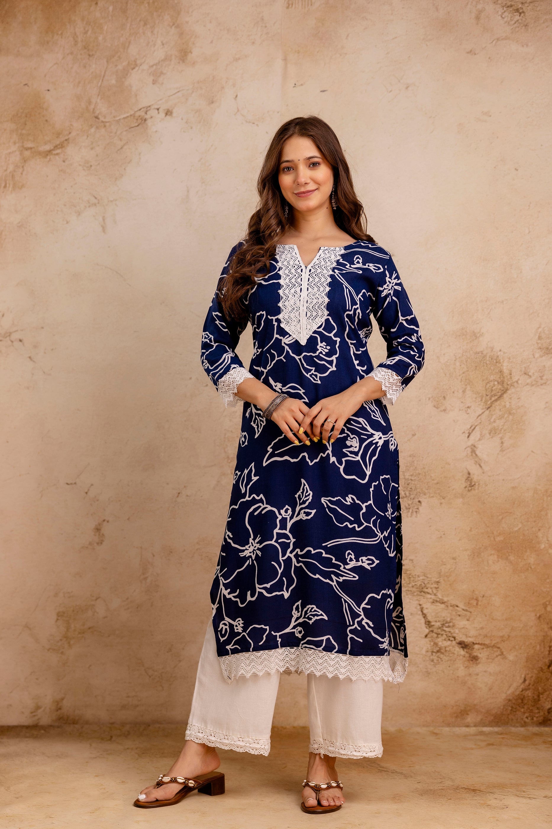 Navy Blue Printed Embroidered Pure Cotton Straight Kurta.