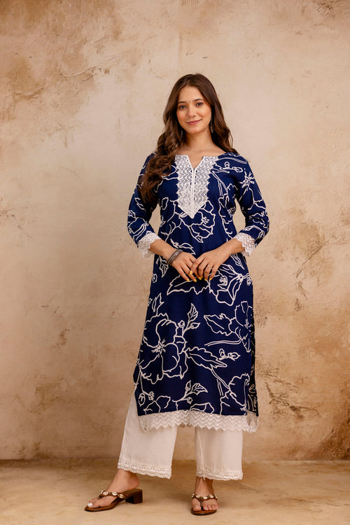 Navy Blue Printed Embroidered Pure Cotton Straight Kurta.