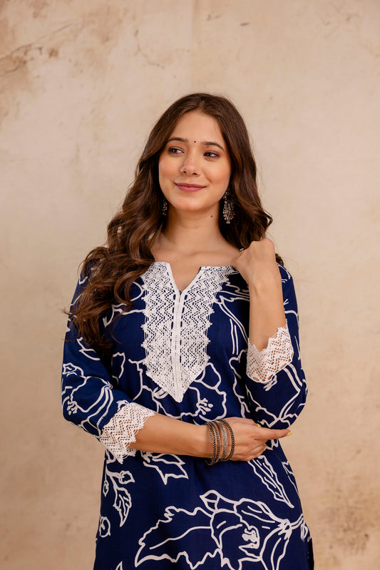 Navy Blue Printed Embroidered Pure Cotton Straight Kurta.