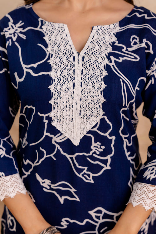 Navy Blue Printed Embroidered Pure Cotton Straight Kurta.