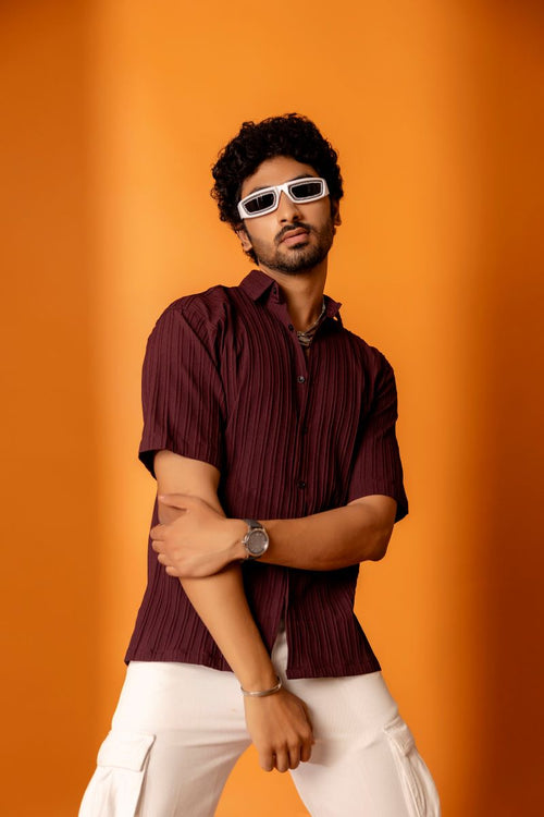 Lining textured Maroon Oversize Shirt