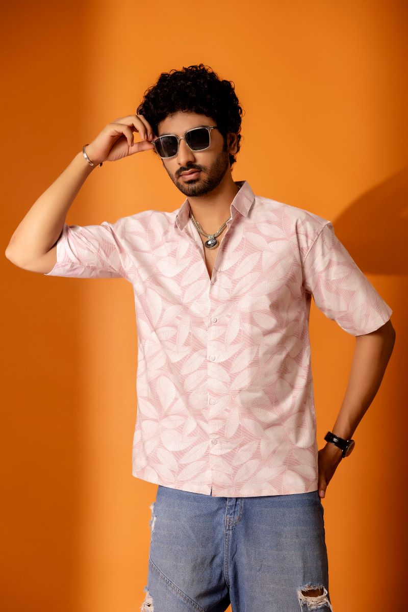 Leafy Printed Pink Shirt For Men.