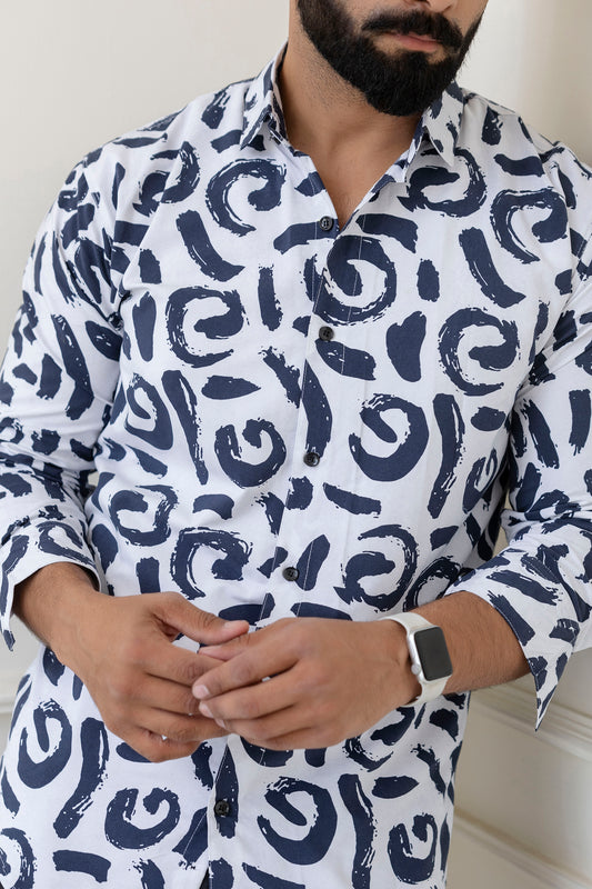 White Abstract Print Casual Shirt For Men