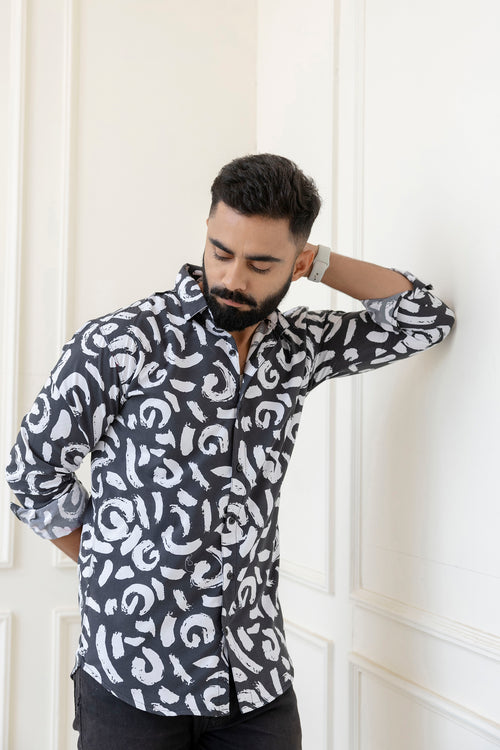 Black Abstract Print Casual Shirt For Men