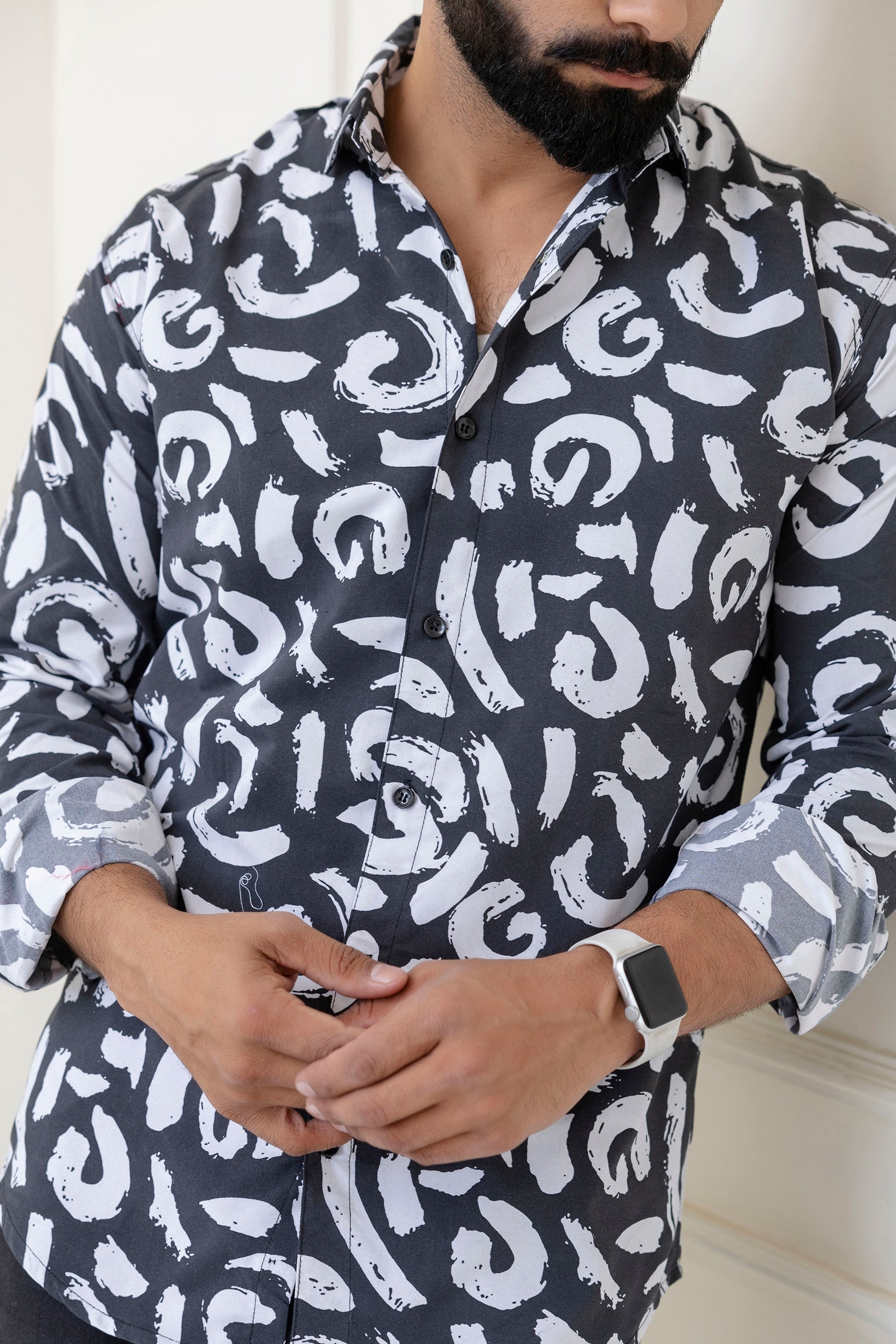 Black Abstract Print Casual Shirt For Men