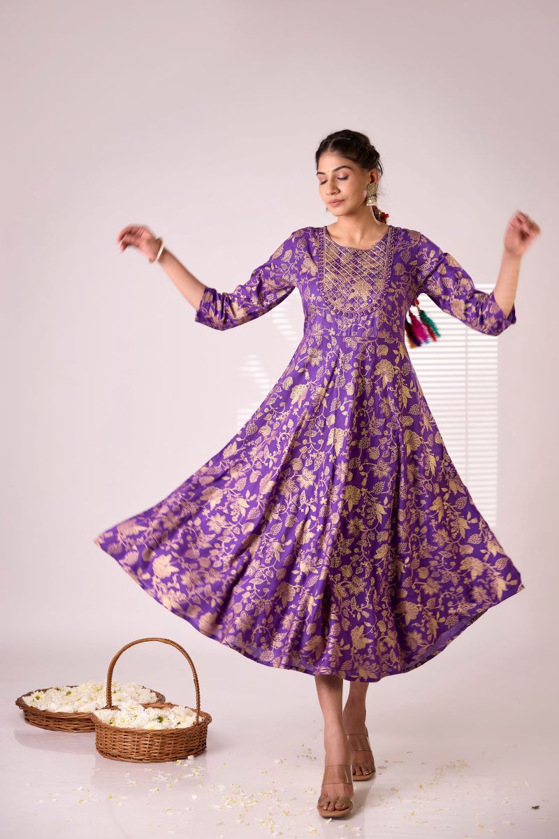 Purple Embroidered Long Anarkali Kurta For Women.