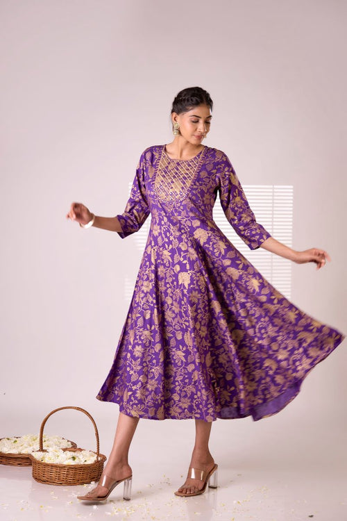 Purple Embroidered Long Anarkali Kurta For Women.