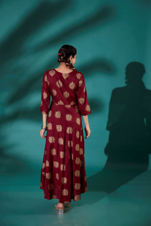 Maroon Embroidered Long Anarkali Kurta For Women.