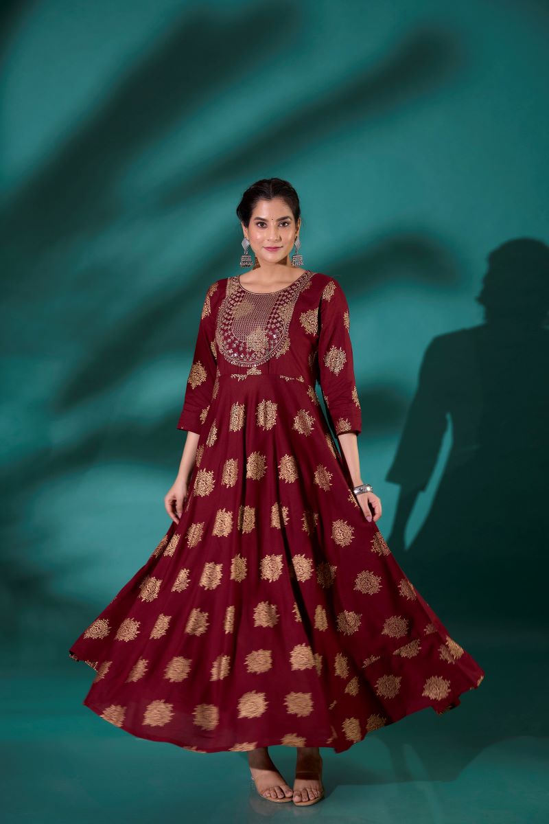 Maroon Embroidered Long Anarkali Kurta For Women.