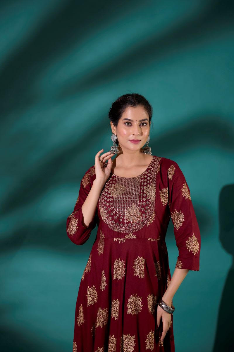 Maroon Embroidered Long Anarkali Kurta For Women.