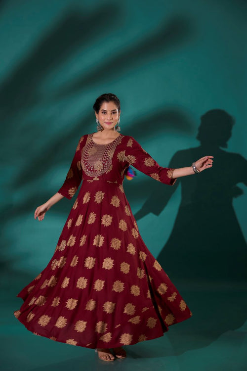 Maroon Embroidered Long Anarkali Kurta For Women.