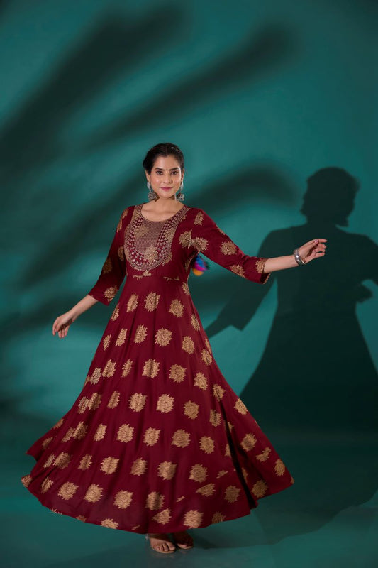 Maroon Embroidered Long Anarkali Kurta For Women.