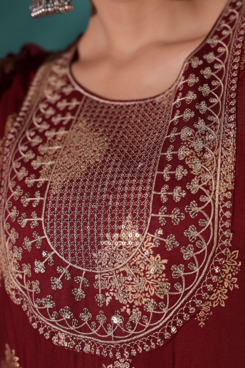 Maroon Embroidered Long Anarkali Kurta For Women.