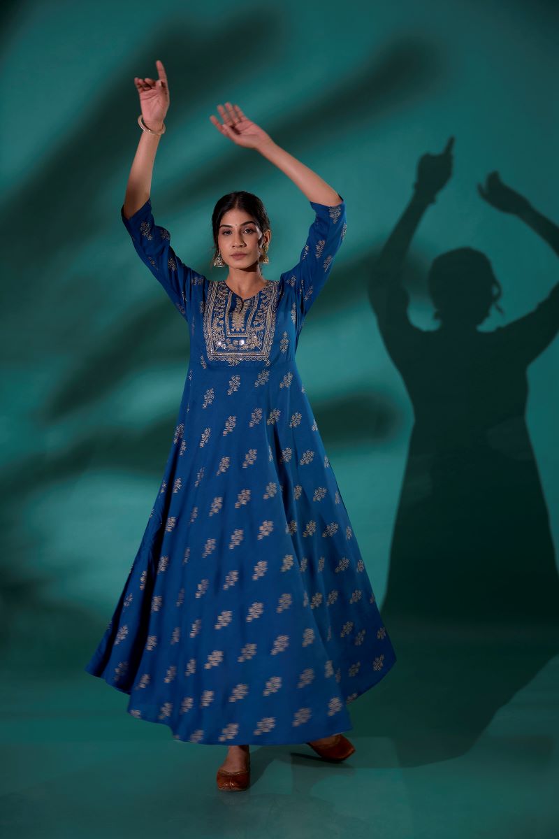 Teal Embroidered Long Anarkali Kurta For Women.