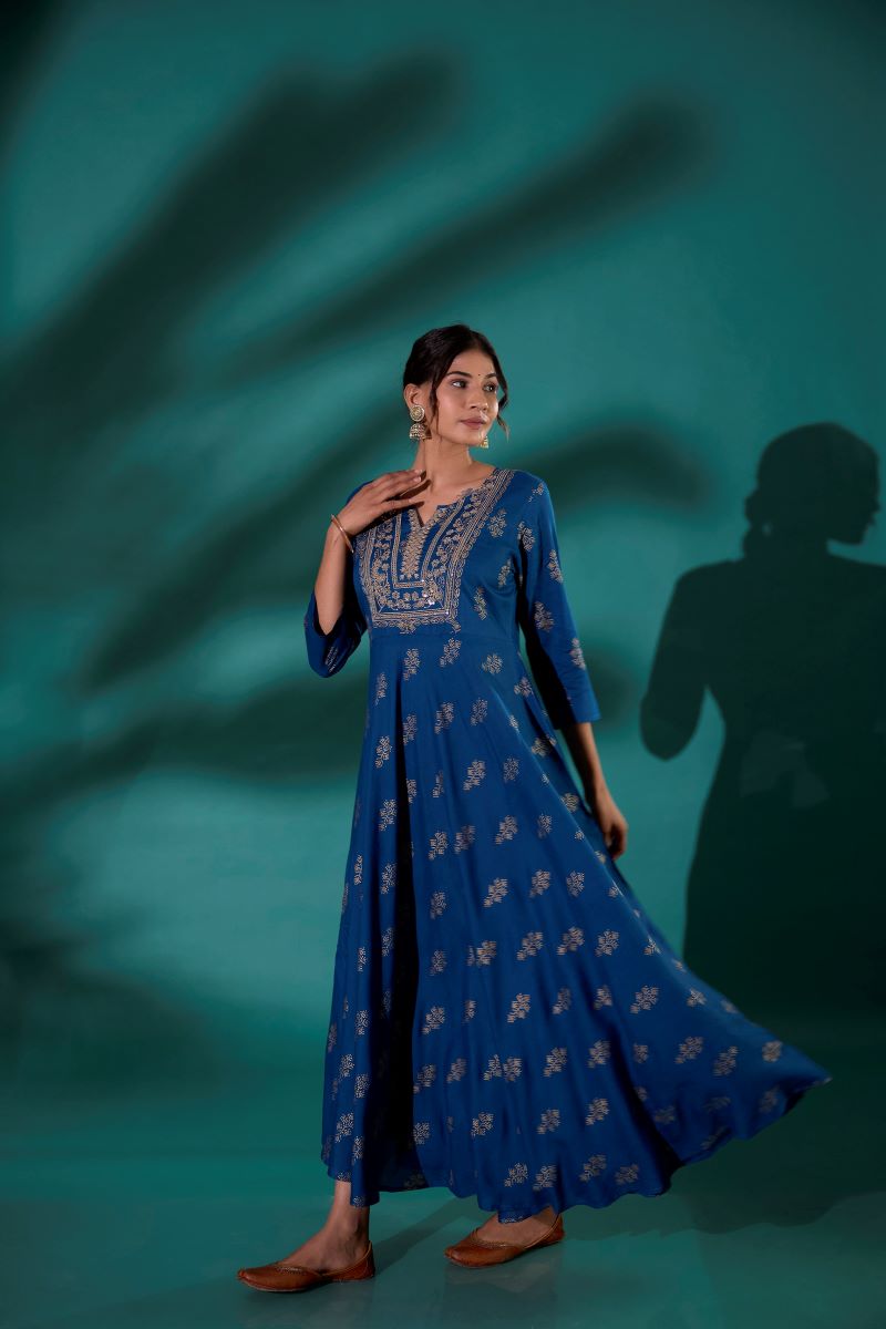 Teal Embroidered Long Anarkali Kurta For Women.