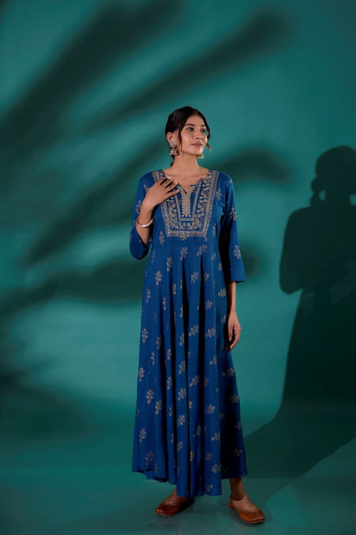 Teal Embroidered Long Anarkali Kurta For Women.