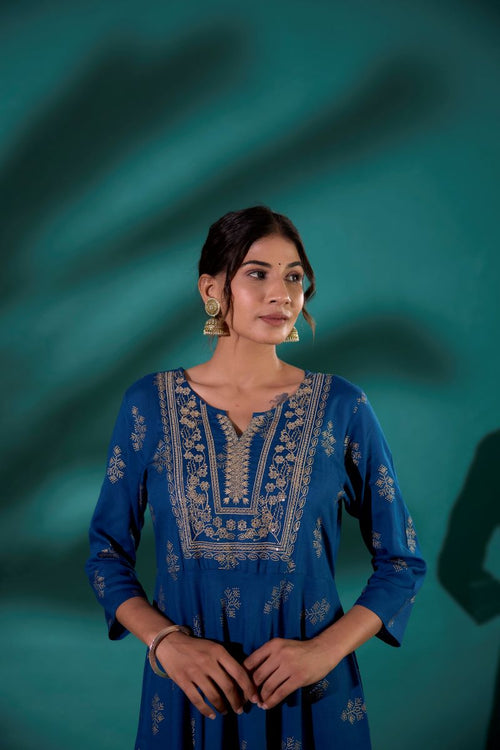 Teal Embroidered Long Anarkali Kurta For Women.