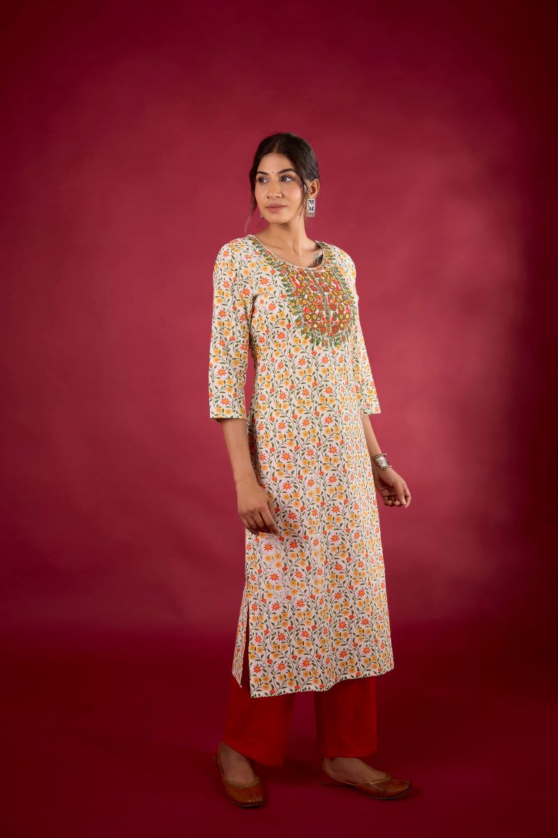 Yellow Floral Embroidered Cotton Straight Kurta.