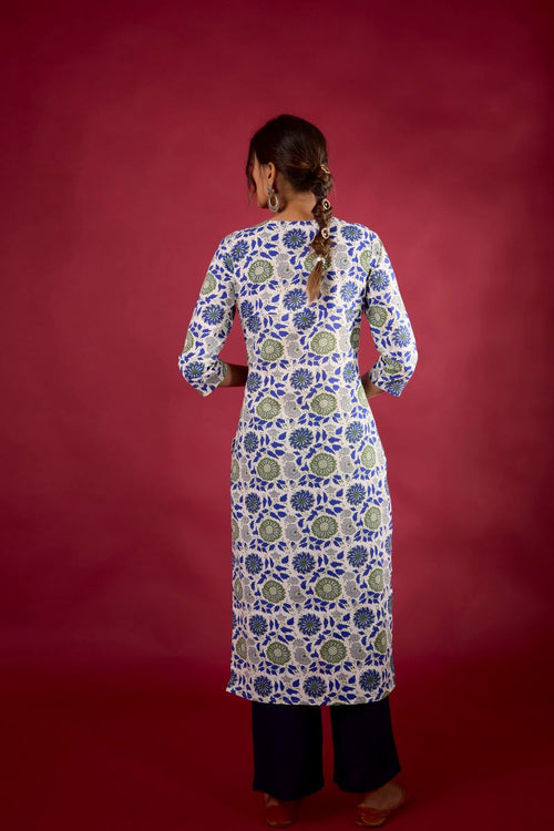 Blue Floral Embroidered Cotton Straight Kurta.