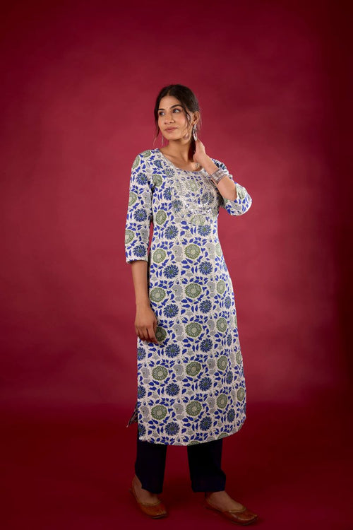 Blue Floral Embroidered Cotton Straight Kurta.