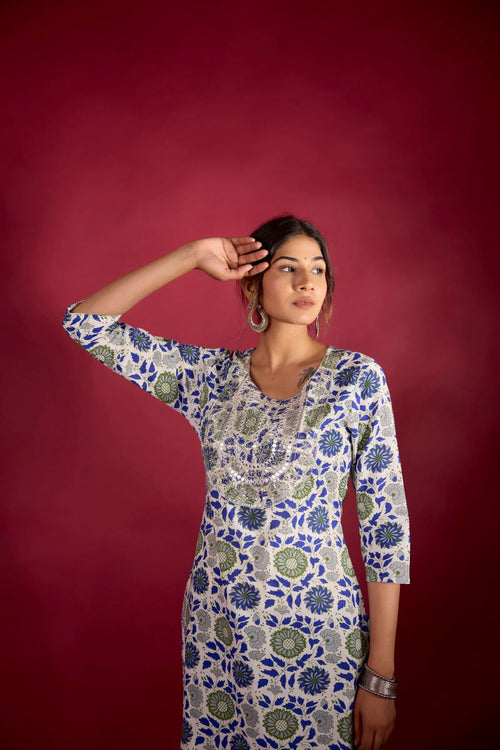 Blue Floral Embroidered Cotton Straight Kurta.