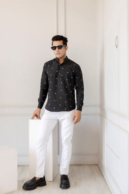 Men Cotton Printed Short Black Kurta.