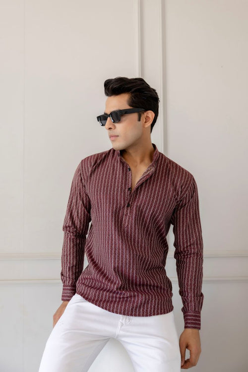 Men Cotton Striped Short Maroon Kurta