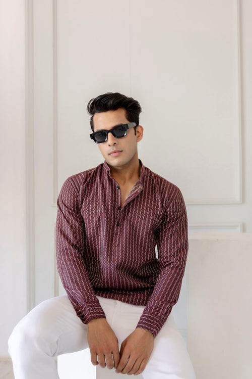 Men Cotton Striped Short Maroon Kurta