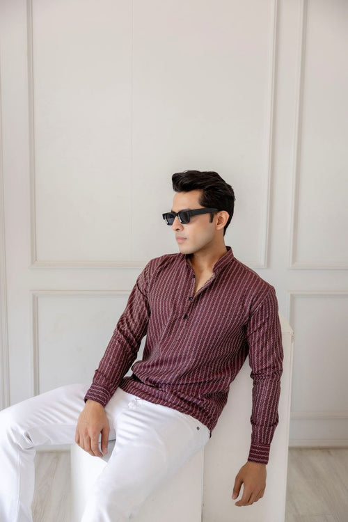 Men Cotton Striped Short Maroon Kurta