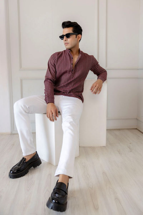 Men Cotton Striped Short Maroon Kurta