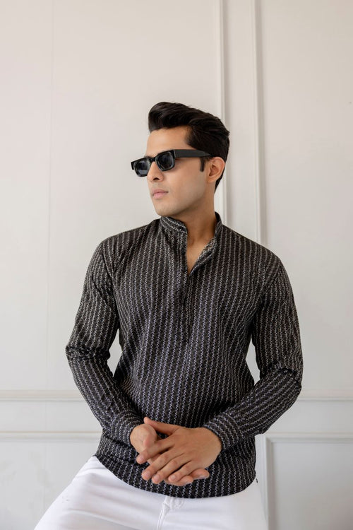 Men Cotton Striped Short Black Kurta