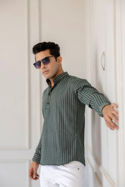 Men Cotton Striped Short Green Kurta