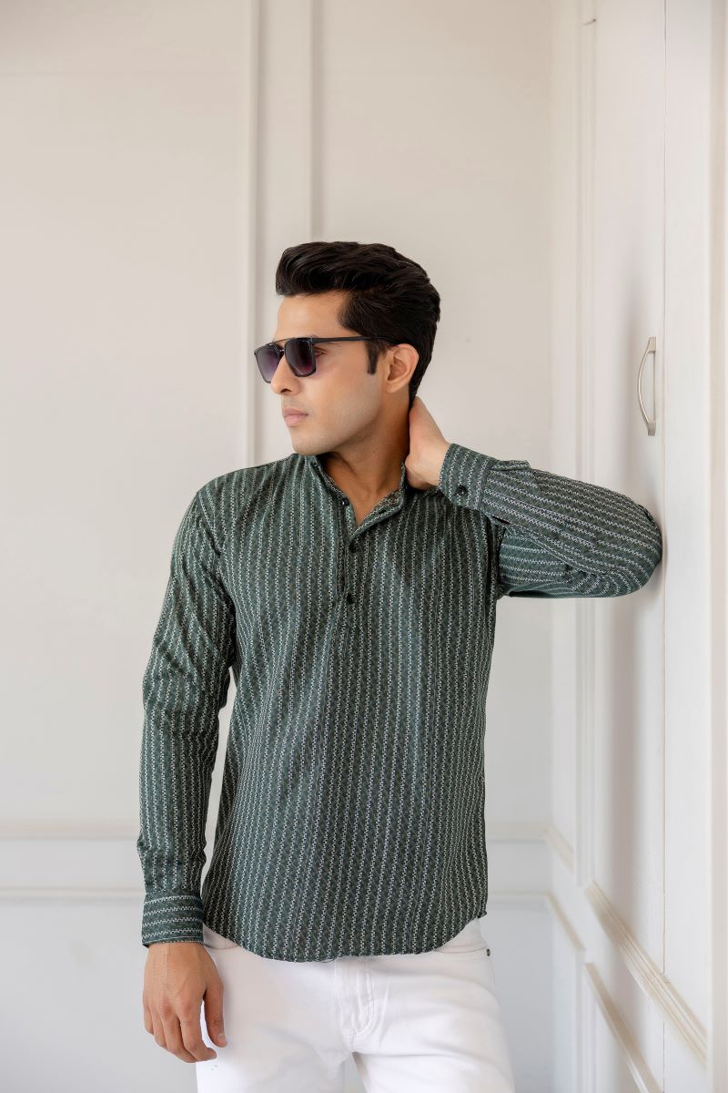 Men Cotton Striped Short Green Kurta