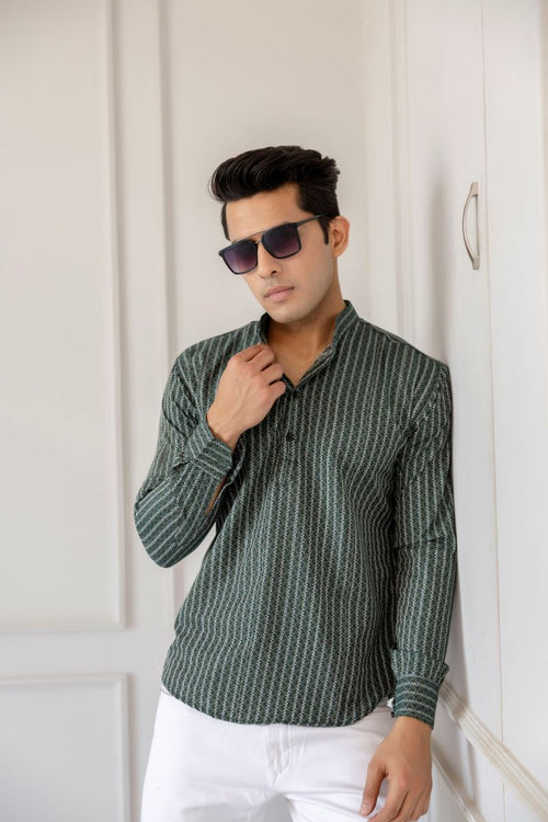 Men Cotton Striped Short Green Kurta