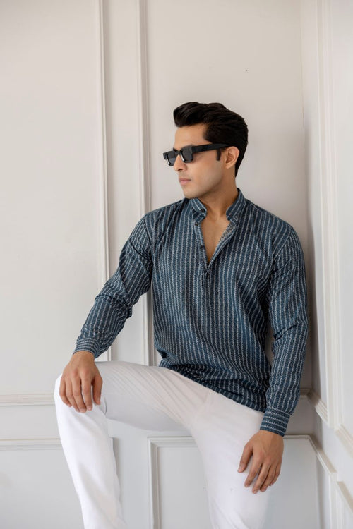 Men Cotton Striped Short Blue Kurta