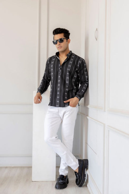 Men Cotton Printed Short Black And Grey Kurta