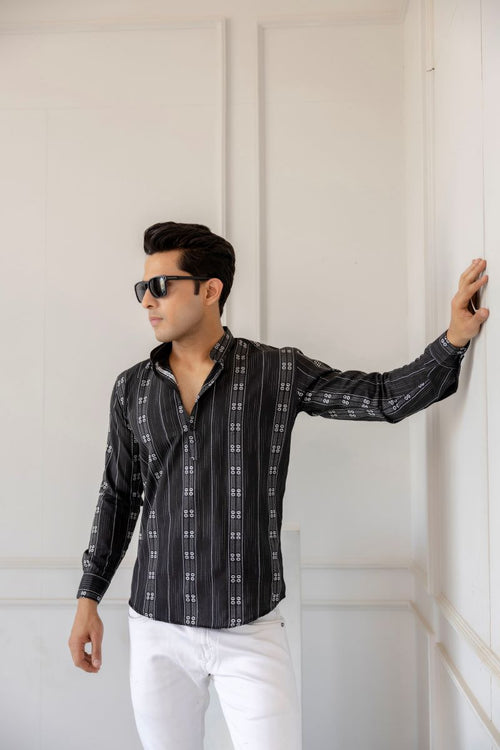 Men Cotton Printed Short Black And Grey Kurta