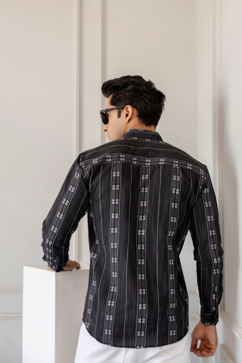 Men Cotton Printed Short Black And Grey Kurta