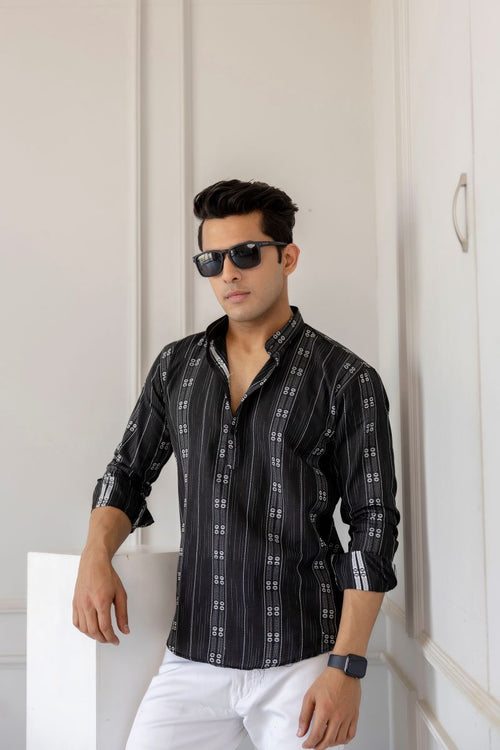 Men Cotton Printed Short Black And Grey Kurta